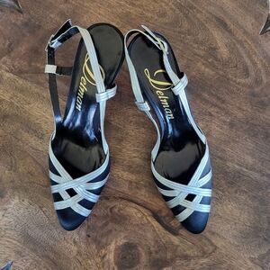 Vintage Delman Women's Black Satin and Silver Leather Slingback Heels 7 Spain